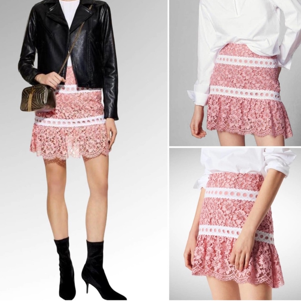 Sandro Paris Devon Banded lace Eyelet floral satin lined mini flare skirt Size 1